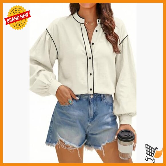 Cotton Blend Button Down Blouse Lantern Sleeves Regular Fit Office Casual - Picture 2 of 7